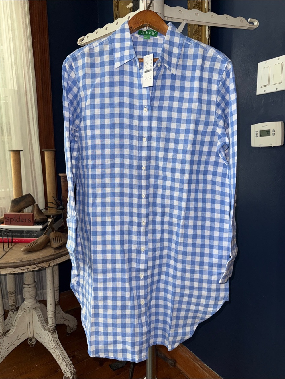 J. Crew Blue and White Gingham Swim Coverup Shirt
